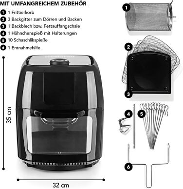 GOURMETmaxx цифрова аерофритюрниця XXL 9 л, 1800 Вт, чорна — електрична повітряна фритюрниця з таймером, сенсорним дисплеєм, 8 програмами, вертелом і шампурами для шашлику, для здорового та енергоощадного приготування