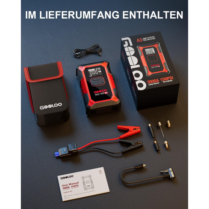 Пусковий пристрій GOOLOO A3 Jump Starter 3000A з компресором 150 PSI та функцією Powerbank