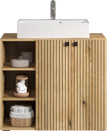 Тумба під раковину на колесахх trendteam PureBliss, 80x64x42 см, дуб Evoke, з 2 відкритими полицями та металевими ручками