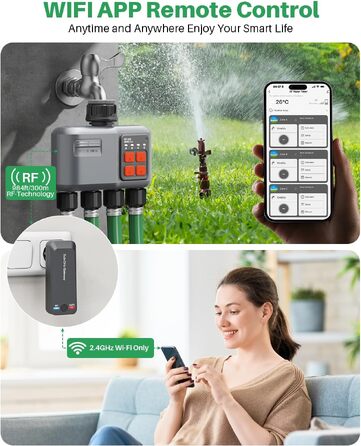 Таймер поливу Johgee WiFi з RF 300M для саду та газону (4 виходи), сумісний з Alexa та Smart Life