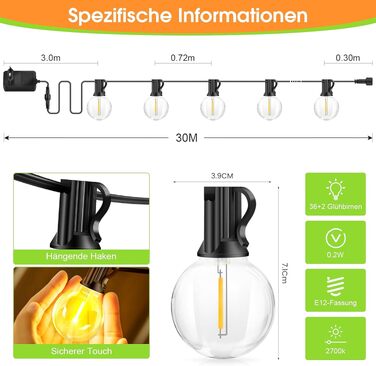 LED гірлянда вулична 30м з пультом, теплий білий, вологостійка, ретро лампочки для саду, тераси, балкону