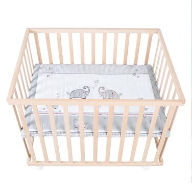 Дитячий манеж-ліжко roba Jumbo Twins 75x100 см, дерев'яний, з матрацем і колесами, регульований по висоті, натуральне дерево