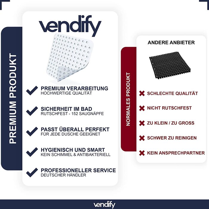 Vendify® преміум килимок для душу 53x53 см, антиковзний, квадратний, для ванної та душової кабіни, 152 присоски, без BPA, стійкий до плісняви, машинне прання, прозорий