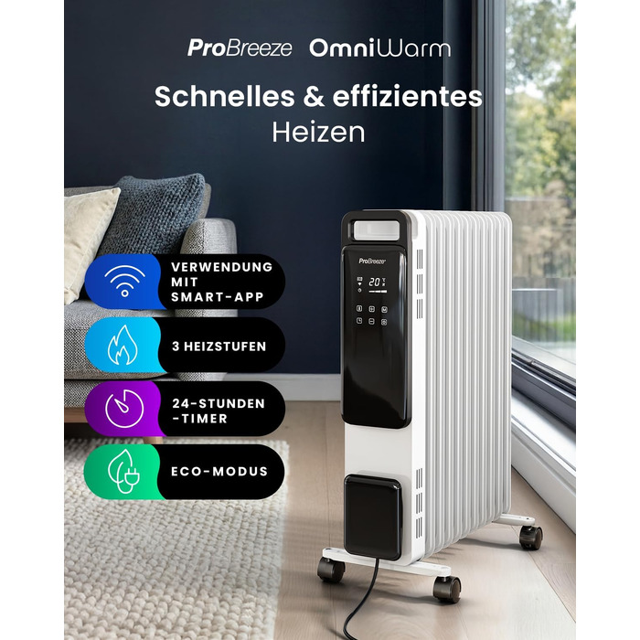Розумний електричний масляний радіатор Pro Breeze 2500W, 11 секцій, керування через WLAN/App, з термостатом, таймером на 24г та сенсорним дисплеєм, білий