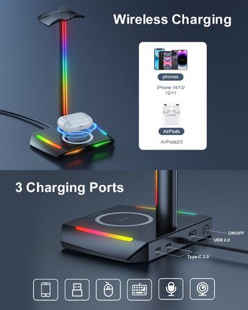 Підставка для навушників New bee RGB з бездротовою зарядкою, геймерська стійка для гарнітури з USB, 2 Type-C, 11 режимів підсвітки, чорна (Z12)