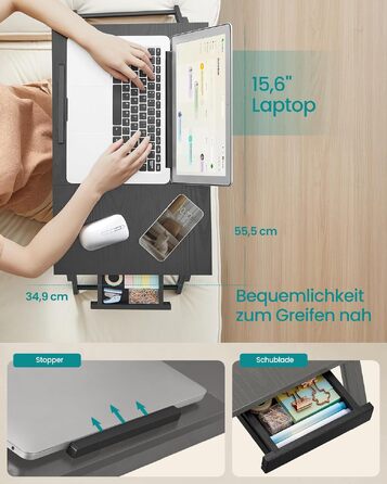 Столик для ноутбука в ліжко SONGMICS з бамбука та MDF, регульований за висотою, 55 x 34,9 см, колір ебенове дерево (чорний)