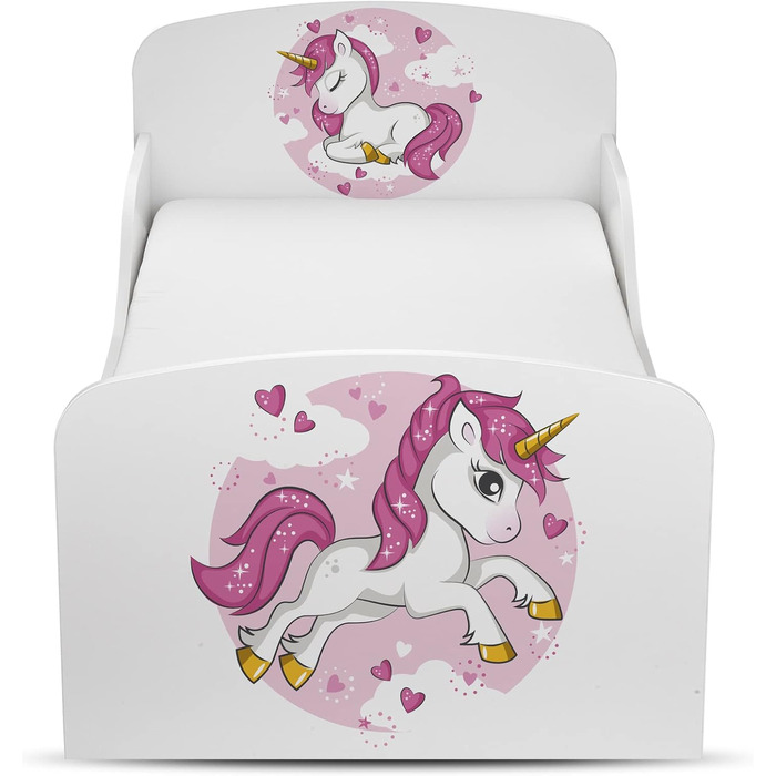 Дерев'яне ліжко Leomark Lovely Unicorn для дітей з матрацом, бортиками та ламелями, 70/140 см, з УФ-друком