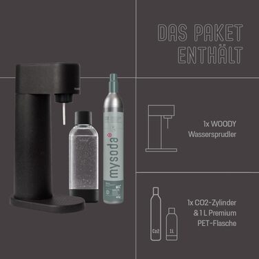 Сифон для газування води Mysoda Woody Wassersprudler (Pigeon), чорний, з CO2-циліндром