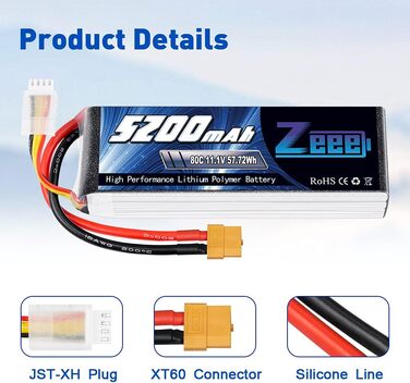 Акумулятор Zeee 3S LiPo 5200mAh 11.1V 80C з роз'ємом XT60 для RC моделей (набір 2 шт.)