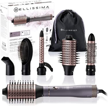 Фен-щітка Bellissima 6-в-1 з керамікою та аргановою олією, іонізація, 1000 Вт, 6 насадок, об'єм і захист волосся