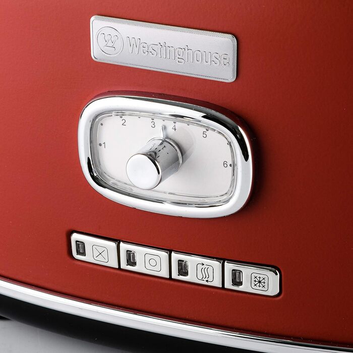 Тостер Westinghouse Retro на 2 скибки, знімна решітка для булочок, 6 рівнів підсмажування, функції розморожування, підігріву та зупинки, центрування хліба, контрольна лампочка, висувний піддон для крихт, червоний