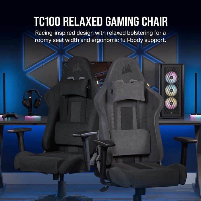 Ігрове крісло Corsair TC100 Relaxed, текстильне, чорне, ергономічне, з подушкою для попереку та знімною подушкою для шиї з memory-піни, регульовані підлокітники, стиль автоспорту