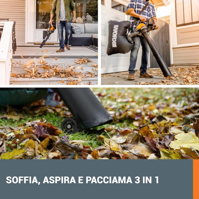 WORX WG505E Trivac: Електричний повітродув та пилосос для листя 3000 Вт – 3-в-1 (повітродув, пилосос, мульчер) – швидкість повітря 335 км/год, об'єм всмоктування 600 м³/год – з мішком 45 л