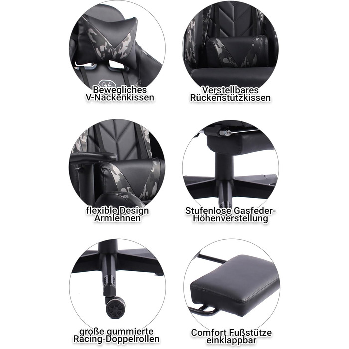 Ігрове крісло Gaming Chair з підніжкою, ергономічними 4D-підлокітниками та регульованою підтримкою спини, офісне крісло для геймерів (Чорний/Мілітарі-сірий)