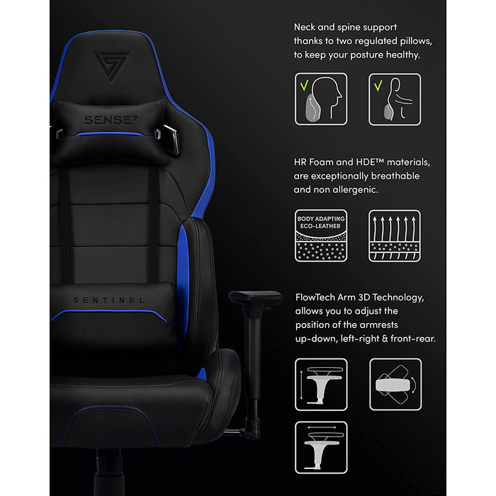 Ігрове крісло SENSE7 Sentinel, ергономічний геймерський стілець з регульованою поперековою підтримкою, нахилом спинки, механізмом гойдання, PU-шкіра, до 150 кг, чорний-синій