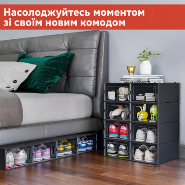 MELDEVO Набір з 12 коробок для взуття, чорні пластикові органайзери для зберігання взуття в шафі, компактні тримачі для кросівок середнього розміру