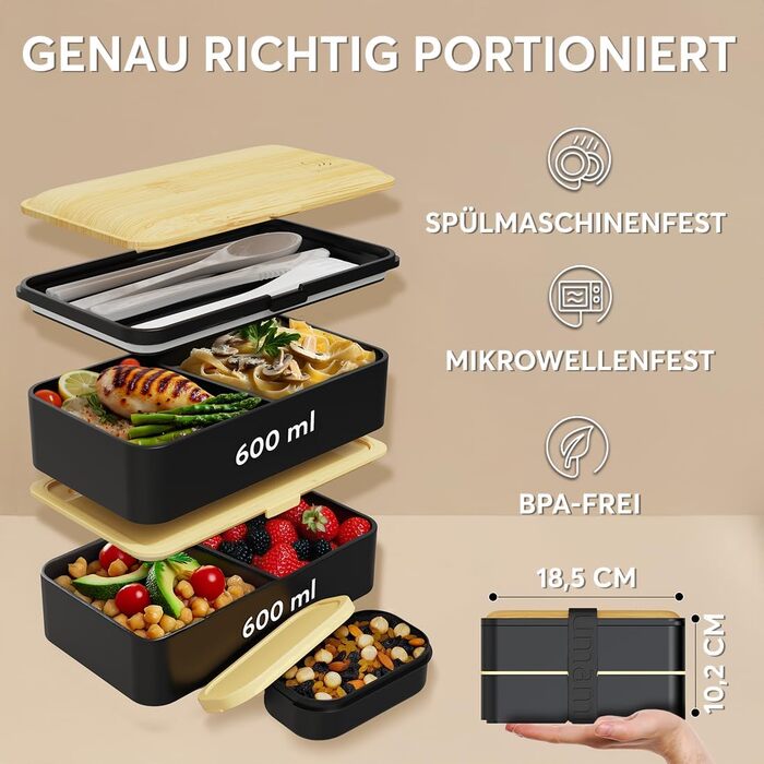Ланчбокс Umami Lunchbox для дорослих, 1200 мл, з відділеннями та 4 столовими приборами, чорний & бежевий