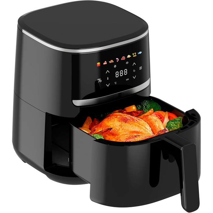Аерофритюрниця aeco COMPACT 4,3 л з цифровим сенсорним дисплеєм, 1500 Вт, 8 програм, регулювання температури 80-200°C, компактна, з рецептурником
