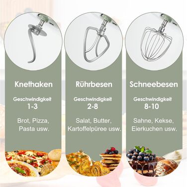 Кухонний комбайн-міксер Kitchen in the box Fab-Serie 8л, потужність 2000Вт, 10 швидкостей, з насадками (вінчик, гак, міксер), Зелений