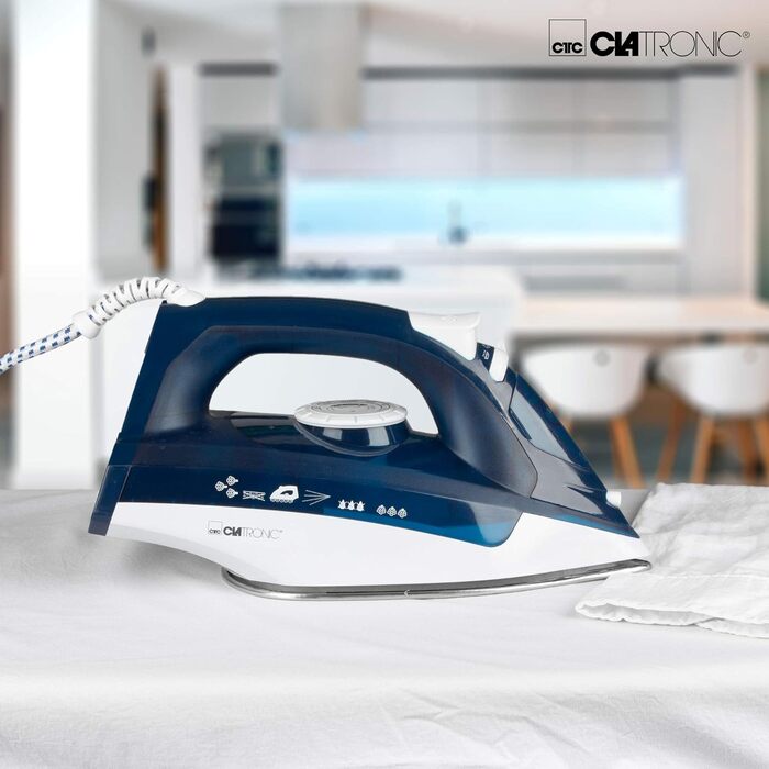 Парова праска Clatronic DB 3704 з 7 функціями, нержавіюча підошва, плавне регулювання температури, самоочищення, темно-синя/біла