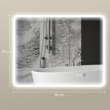 Дзеркало для ванної кімнати LED Bluetooth 70 x 90 см Сенсорне керування Регульоване освітлення 3 кольори Антивсмогування Пам'ять Срібляний