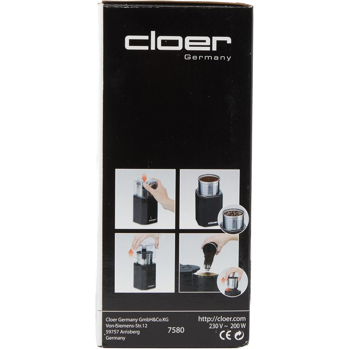Електрична кавомолка та млинок для спецій Cloer 7580, 200 Вт, для кавових зерен, спецій, горіхів і зернових, знімний контейнер з нержавіючої сталі, чорний