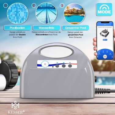 Робот-пилосос для басейну KESSER® для дна та стін до 100 м², очищення водолінії, автоматичний з керуванням через додаток та контрольний модуль, для вбудованих басейнів з механізмом підйому, антрацит