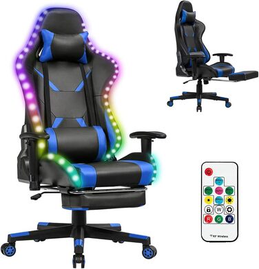 Ігрове крісло RELAX4LIFE 360° з LED підсвіткою, регульованими підлокітниками, спинкою і підніжкою, ортопедичною поперековою та головною підтримкою, для комп'ютера та офісу, синє