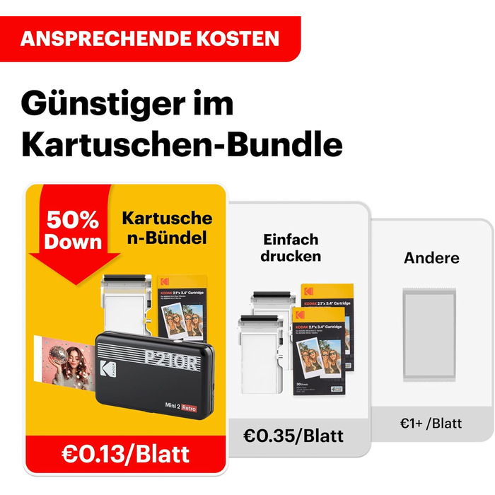 KODAK P210 Mini 2 Retro: Портативний кольоровий фотопринтер, сумісний зі смартфонами (iOS & Android), Bluetooth, 54x86 мм, технологія 4Pass, ламінування, 38 аркушів, білий 54 x 86 мм