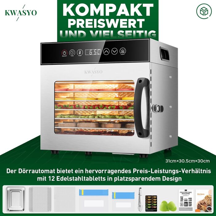 Сушарка для продуктів Kwasyo Edelstahl 750W з 8 рівнями, цифровим таймером, регулюванням температури та захистом від перегріву
