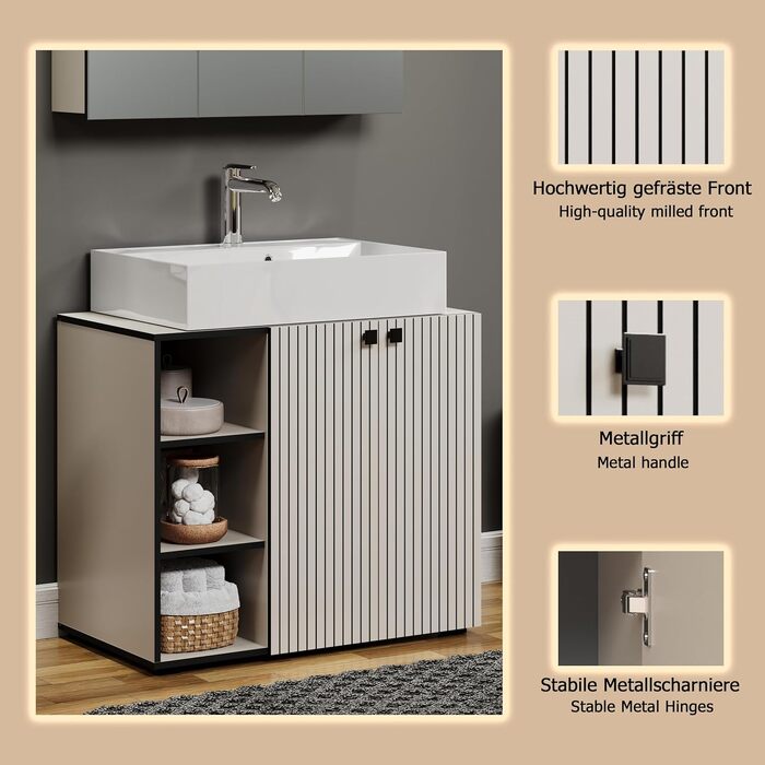 Тумба під раковину на колесах PureBliss від trendteam smart living, 80x64x42 см, з 2 відкритими полицями та вставною дошкою, стійка до подряпин, світло-сірий кашемір
