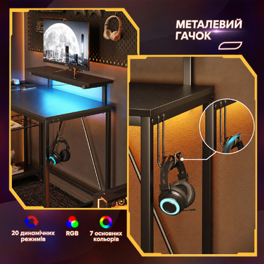 Ігровий кутовий стіл Bestier L-подібної форми з LED-підсвічуванням, розетками, 2 полицями та гачками – кутовий стіл для комп'ютера, офісу, спальні та геймінгу 106 x 80 см, 3D-вуглецеве волокно чорного кольору