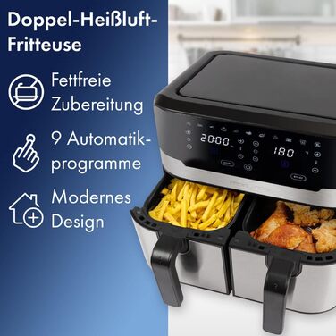 ProfiCook Подвійна аерофритюрниця 9 л XXL, 2400 Вт, 9 програм, сенсорне управління, подвійна камера, без олії