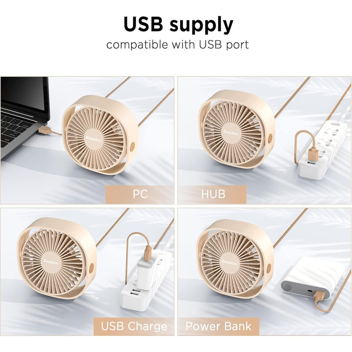 Вентилятор USB EasyAcc міні портативний для столу з регулюванням швидкості та поворотом на 360° (шампань)