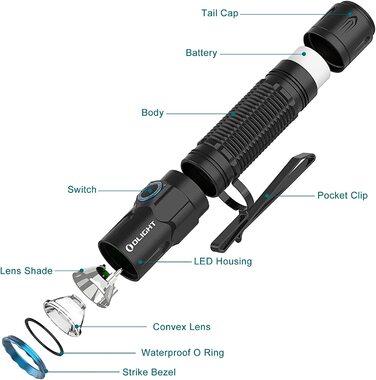 Тактичний ліхтар OLIGHT Warrior 3S, 2300 люмен, 5 режимів, USB-зарядка, датчик відстані, IPX8, водонепроникний, для кемпінгу, туризму, виживання, чорний