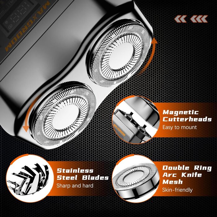 MAXGROOM Міні-бритва для чоловіків, електрична, волога та суха, портативна, з LED-дисплеєм, акумуляторна, USB Type-C, магнітні леза, чорна/сіра