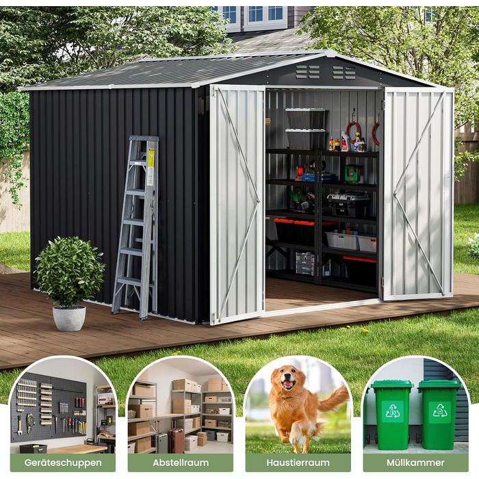 Садовий будинок UDPATIO металевий 4 м³ 228x121x181 см для вулиці, сталевий, з замком, сірий. Гараж для велосипедів, склад.