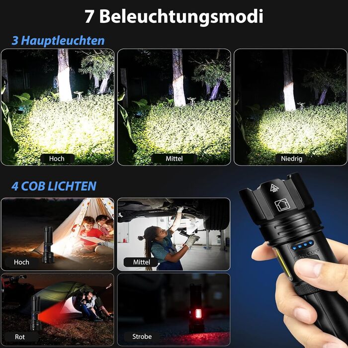 Потужний LED ліхтар ZEUSFIRE 1 000 000 Люмен, тактичний водонепроникний ліхтарик з USB-зарядкою та 7 режимами світла для кемпінгу та походів, IPX7