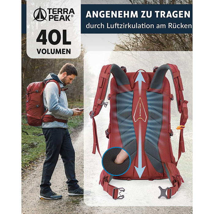 Туристичний рюкзак Terra Peak Flex 40 л, преміум, з вентиляцією спини, дощовиком і кріпленням для гідратора, 3D Air Mesh, з поясом, для трекінгу, темно-червоний