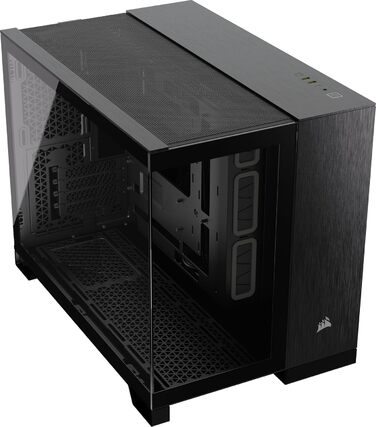 Комп'ютерний корпус CORSAIR 2500X mATX, подвійна камера, загартоване панорамне скло, підтримка інвертованої материнської плати, без вентиляторів, чорний/обсидіановий алюміній