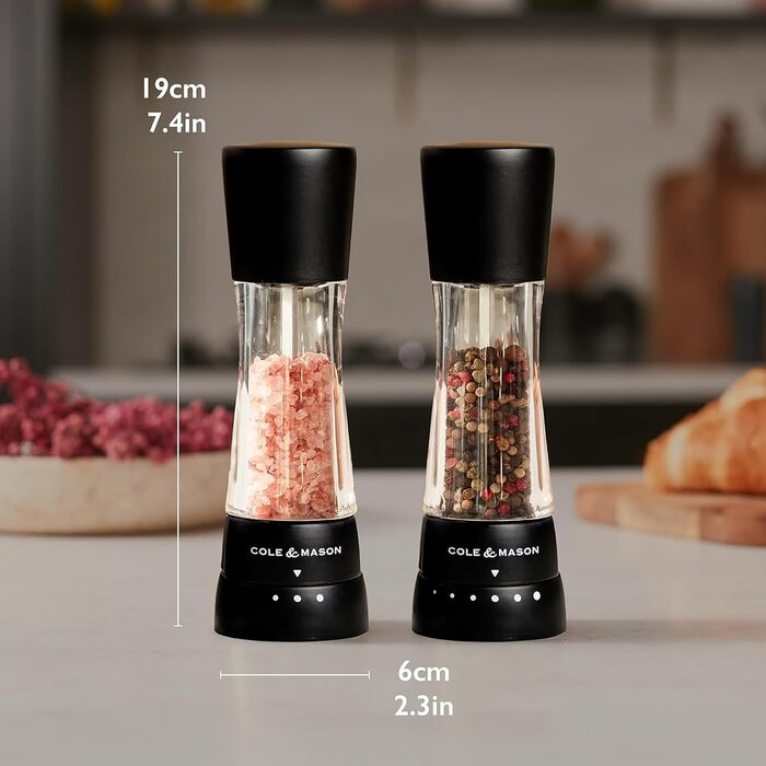 Набір ручних млинків для солі та перцю Cole & Mason Derwent Precision+, нержавіюча сталь та акрил, 190 мм, колір Gunmetal Grey (чорний)