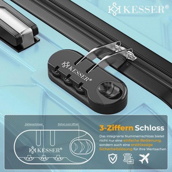 Набір дорожніх валіз KESSER з 3 предметів, ABS пластик, жорсткий корпус, кодовий замок, ваги для багажу та дорожній гаманець, колеса 360°, Sky Blue