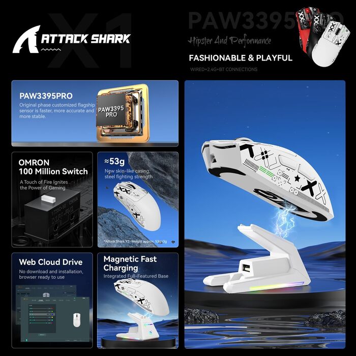Ігрова миша Attack Shark X1 White: сенсор PixArt PAW3395PRO, 40000 DPI, вага 53г, RGB док-станція з тачпадом, бездротова (BT/2.4G) та дротова, для Windows, Xbox, PS, Mac
