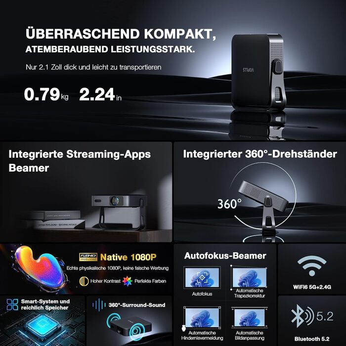 Smart Beamer VOPLLS 1080P Full HD WiFi 6 Bluetooth: Міні-проектор для дому та вулиці, 800 ANSI лм, автофокус, корекція трапеції, чорний