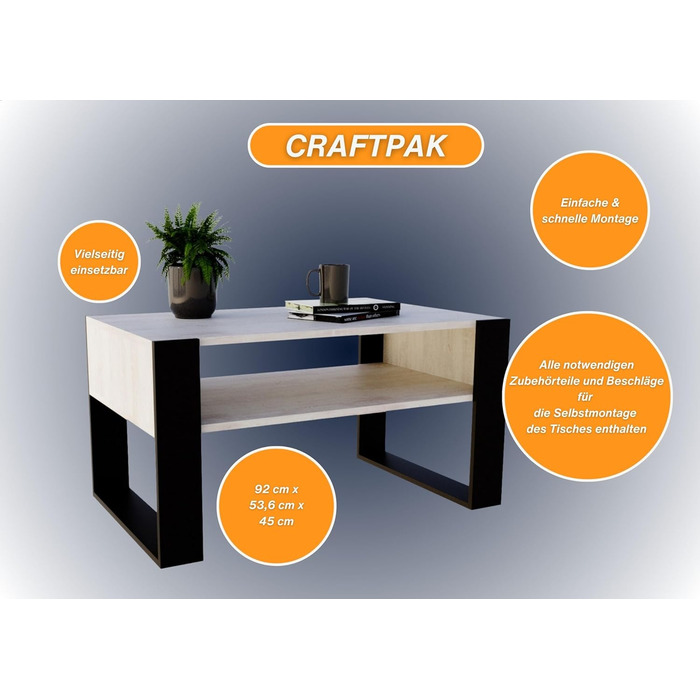 Журнальний стіл CraftPAK для вітальні, деревний матеріал, сучасний стіл для дивана з додатковою полицею, колір Бардіоліно чорний