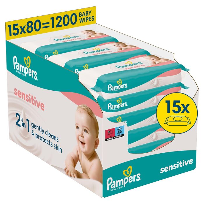Дитячі вологі серветки Pampers Sensitive для чутливої шкіри, 1200 шт (15 упаковок по 80 шт), 2-в-1 ніжне очищення та захист шкіри