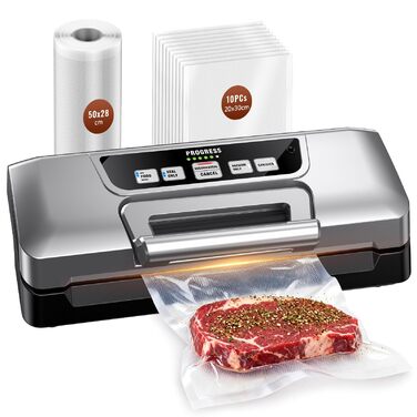 Вакууматор для продуктів Gavasto з подвійним насосом 90кПа, 9л/хв, LED-дисплеєм та режимами «Волого/Сухо», сріблястий