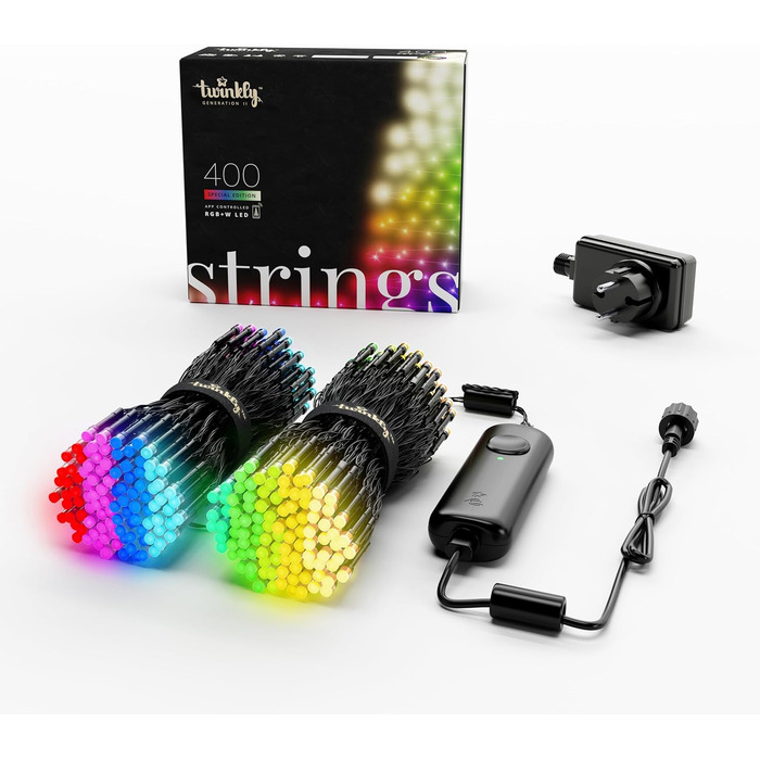 Розумна LED-гірлянда Twinkly Strings 400 RGB+Білий, 32 м, для дому та вулиці, IP44, сумісна з HomeKit, Alexa, Google Home, керування через додаток, чорний кабель