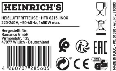 Аерофритюрниця HEINRICHS XXL 9L 10-в-1 з LED-дисплеєм та сенсорним керуванням, потужність 1800W, кошик, що миється в посудомийній машині