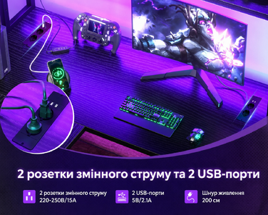 Ігровий стіл ODK L-подібний з LED-підсвіткою, 2 розетками та 2 USB-портами, кутовий письмовий стіл 150×120 см, чорний, із полицею та стелажем для зберігання